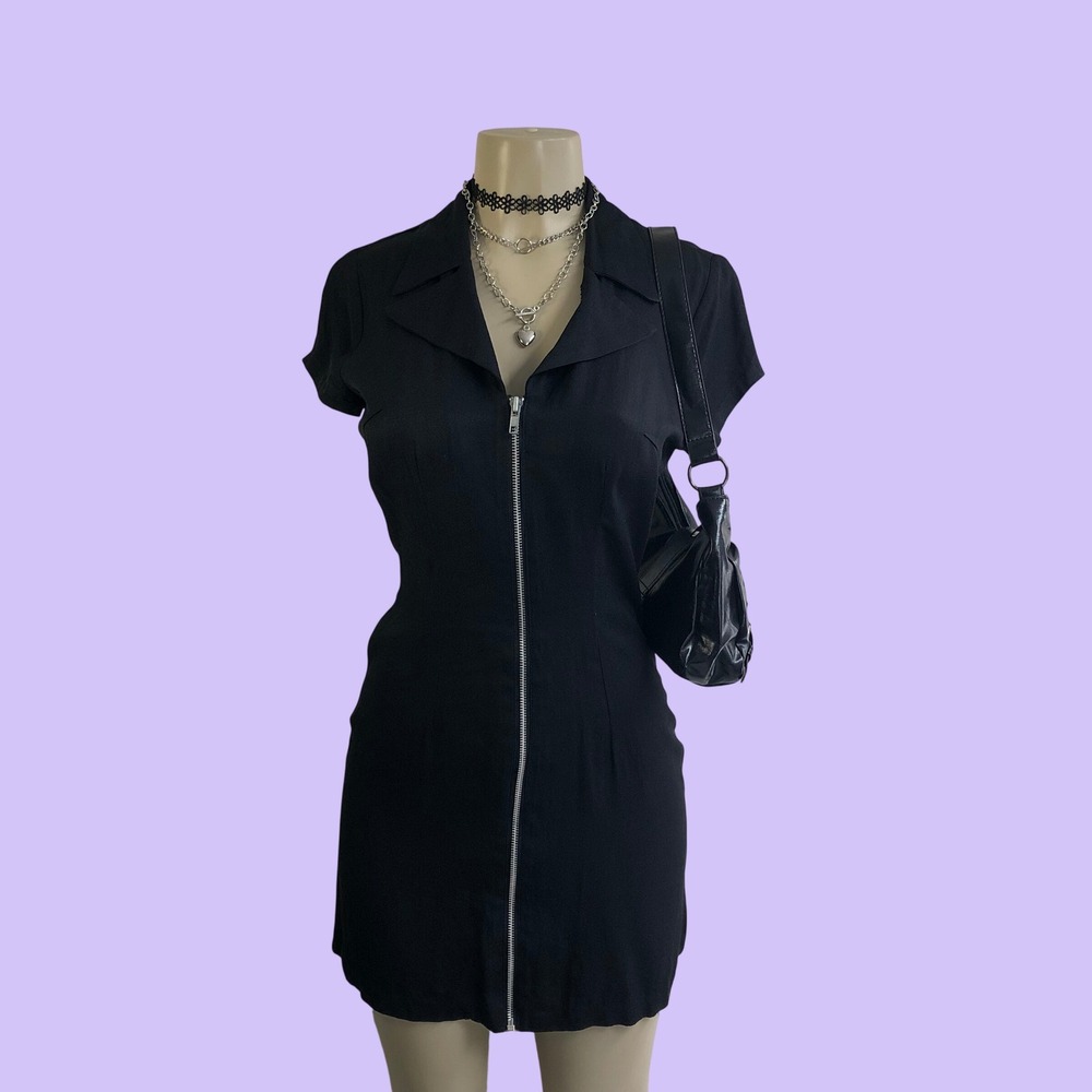 Vintage 90s Y2K XOXO Black Zip Front Mini Dress Fitted Collared Top Size XS / S
